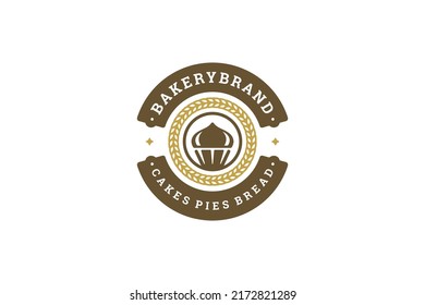 Vintage Circle Bakehouse Logo Template Design Creamy Cupcake In Ears Of Wheat Frame Vector Illustration. Creative Minimalist Pastry Cafe Shop Round Emblem Creamy Muffin Dessert Branding Mark Id