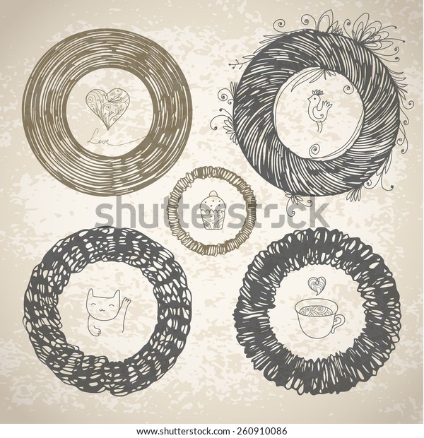 Vintage circle calligraphy gray design\
elements on white\
background
