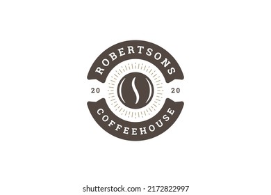 Vintage circle coffee bean with sun rays and festive ribbon decorative logo template design with place for text vector illustration. Retro coffeeshop hot drink beverage morning fragrance espresso