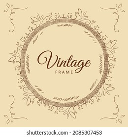 Vintage circle frame with curls, hand-drawn.