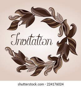 Vintage circle frame. Decorative floral frame with abstract tulips. Retro composition with flowers. Template for vintage invitation or card. Elegant hand drawn text. Copy space. Vector file is EPS8.