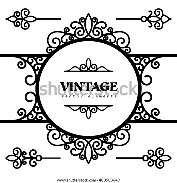 Vintage circle frame,\
decorative vignette, ornamental vector label and set of divider\
elements for graphic design on white, swirly embellishment in retro\
style