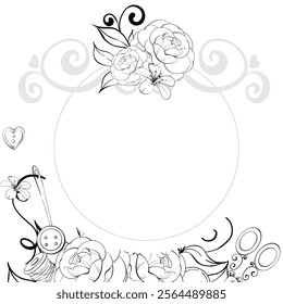 Vintage Circle frame with roses for labels, design. Vintage flowers old fashion, tailoring for postcard, fabric, printing. Graphic vector line, hand drawn, black silhouette