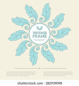 Vintage circle frame with turquoise leaves on beige background. Vector illustration. Retro invitation card design with place for text message
