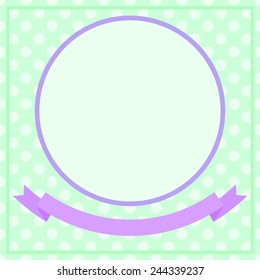 Vintage circle frame with violet ribbon on green dotted background
