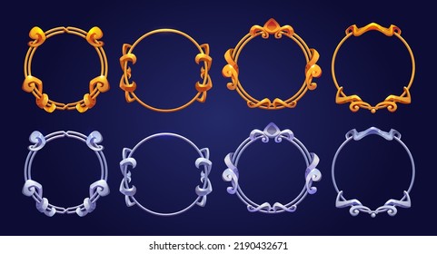 Vintage circle golden and silver frames for rpg game avatars and elements. Empty fantasy golden and metal borders in medieval style isolated on background, vector cartoon set