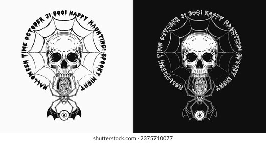 Vintage circle label with skull, mechanical spider, spiderweb, eye monster, text with Halloween short phrases. Freaky, creepy, spooky illustration.