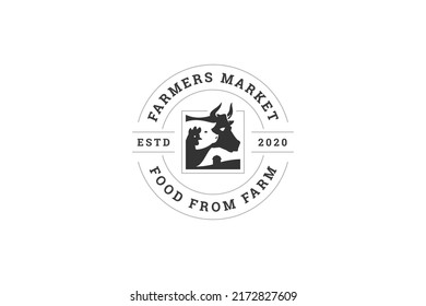 Vintage circle livestock local farm market minimalist logo template design vector illustration. Round industrial agriculture organic product business retail emblem with rooster pig cow farming animals
