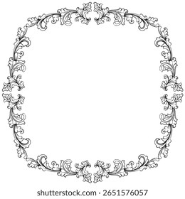 Vintage circle oval baroque frame with floral ornament engraving illustration art