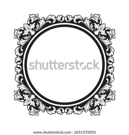 Vintage circle oval baroque frame with floral ornament engraving illustration art
