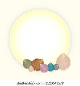 Vintage circle photo frame with handmade hairy toys, stock vector