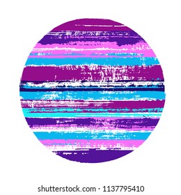 Vintage circle vector geometric shape with stripes texture of paint horizontal lines. Planet concept with old paint texture. Label round shape logotype circle with grunge stripes background.