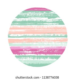 Vintage circle vector geometric shape with striped texture of paint horizontal lines. Old paint texture disc. Label round shape logotype circle with grunge background of stripes.