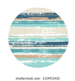 Vintage circle vector geometric shape with stripes texture of ink horizontal lines. Old paint texture disc. Label round shape logotype circle with grunge stripes background.