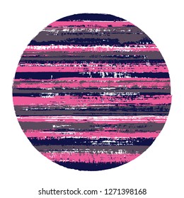 Vintage circle vector geometric shape with striped texture of paint horizontal lines. Old paint texture disc. Emblem round shape circle logo element with grunge background of stripes.