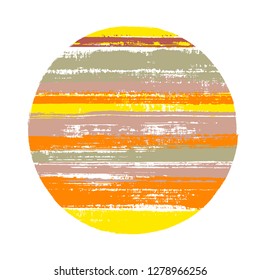 Vintage circle vector geometric shape with stripes texture of ink horizontal lines. Old paint texture disc. Stamp round shape circle logo element with grunge stripes background.