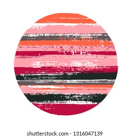 Vintage circle vector geometric shape with stripes texture of ink horizontal lines. Old paint texture disk. Badge round shape logotype circle with grunge stripes background.