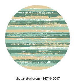 Vintage circle vector geometric shape with striped texture of ink horizontal lines. Disc banner with old paint texture. Stamp round shape circle logo element with grunge background of stripes.