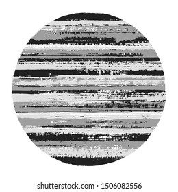 Vintage circle vector geometric shape with striped texture of ink horizontal lines. Disc banner with old paint texture. Badge round shape logotype circle with grunge background of stripes.