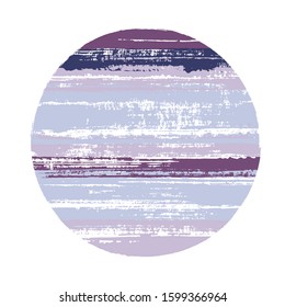 Vintage circle vector geometric shape with stripes texture of ink horizontal lines. Old paint texture disk. Badge round shape logotype circle with grunge stripes background.