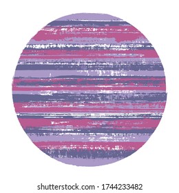 Vintage circle vector geometric shape with striped texture of ink horizontal lines. Disc banner with old paint texture. Label round shape logotype circle with grunge background of stripes.
