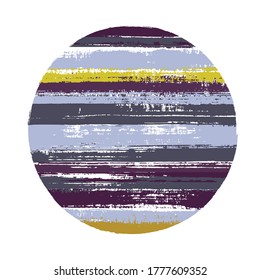 Vintage circle vector geometric shape with stripes texture of paint horizontal lines. Disc banner with old paint texture. Badge round shape circle logo element with grunge stripes background.