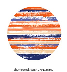 Vintage circle vector geometric shape with striped texture of paint horizontal lines. Disc banner with old paint texture. Stamp round shape logotype circle with grunge background of stripes.