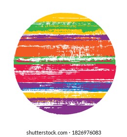 Vintage circle vector geometric shape with stripes texture of paint horizontal lines. Disc banner with old paint texture. Label round shape logotype circle with grunge stripes background.