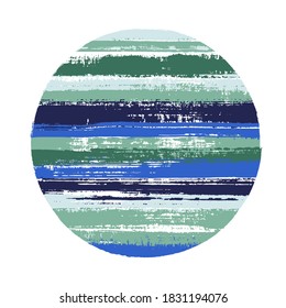 Forma geométrica vectorial de círculo vintage con textura de rayas de líneas horizontales de pintura. Concepto de planeta con textura de pintura antigua. Emblemar el círculo del logotipo de forma redondeada con el fondo de las rayas gruesas.