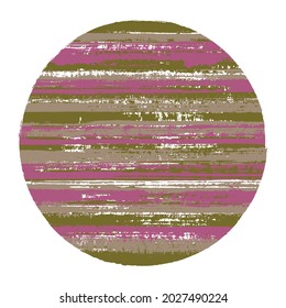 Vintage circle vector geometric shape with striped texture of paint horizontal lines. Old paint texture disk. Badge round shape logotype circle with grunge background of stripes.