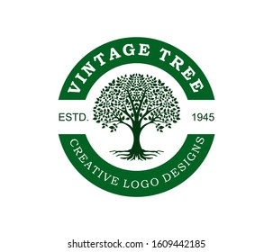 Vintage circular badge logo with tree silhouette, vector logo templates.