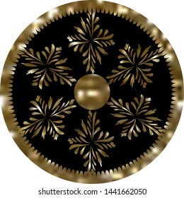  Vintage circular element for design of gift paper, pattern for fabric, cake cover. In gold style on a black background. Vector illustration.