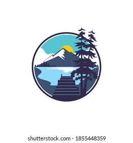 vintage circular mountain lake pier view vector icon