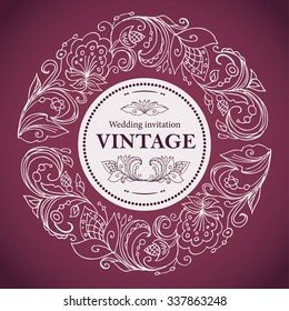 Vintage circular pattern.Stylized vegetable ornament in a circle. Template for printing invitations, greeting cards, booklet and advertising appeal, fryers, menu restaurant.Wine red and pink.