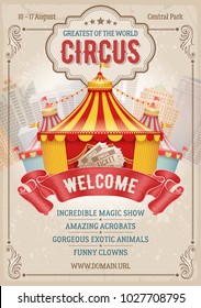 Afiche publicitario de Vintage Circus o volante con un gran circo. Título elegante, fondo retro y espacio para tu texto. Ilustración vectorial.