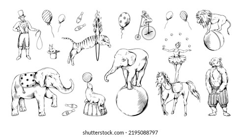 Vintage Circus Animal Set. Bear On Bike, Sketch Elephant And Tiger, Cute Monkey On Bicycle Hand Drawing. Acrobat And Juggler. Engraving Style Decorative Objects, Vector Isolated Illustration