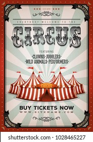 Vintage Circus Background/
Illustration of retro and vintage circus poster background, with marquee, big top, elegant titles and grunge texture for arts festival events and entertainment background