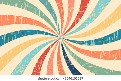 Vintage circus background and spiral retro rays.  Vintage poster of red, white, sun or star burst lines with grunge texture, circus, carnival, summer fair, or chapiteau backdrop