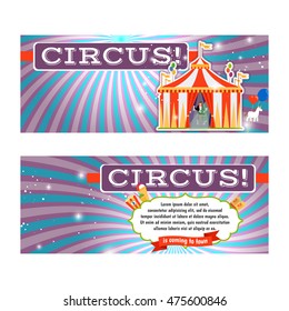 Vintage circus banner template with red and white stripped tent. vector illustration