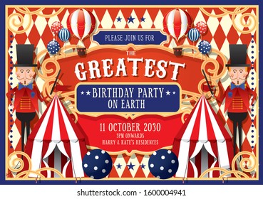 vintage circus birthday invitation card design template vector/illustration