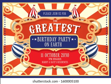 vintage circus birthday invitation card design template vector/illustration