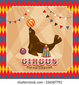 Vintage circus card with eared seal vector illustration