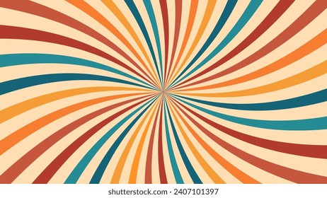 Vintage circus or carnival sunburst rays background. Vector backdrop with colorful muted curve radiating stripes creating hypnotic effect. Retro sunbeam burst, evoking sense of whimsy and nostalgia