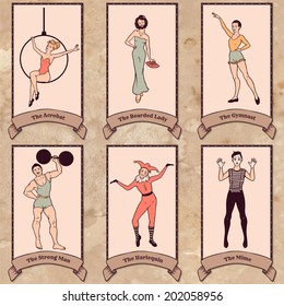 Vintage circus characters set: acrobat, the bearded lady, gymnast, strong man, harlequin, mime