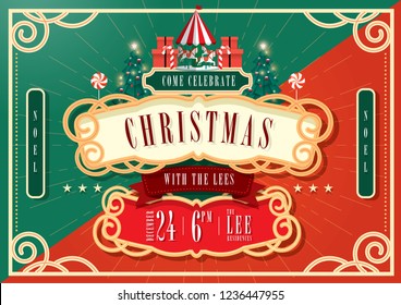 vintage circus christmas invitation card template vector/illustration