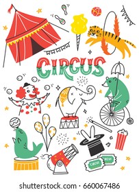 Vintage circus doodle with circus tent, animals and clown