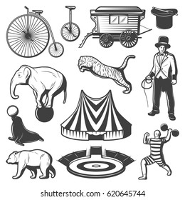 Vintage Circus Elements Collection With Animals Trainer Strongman Bicycle Unicycle Wagon Marquee Arena Magic Hat Wand Isolated Vector Illustration 