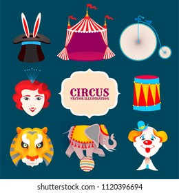 Vintage Circus Elements Set. Big Top, Rabbit in Magic Hat, Tiger Head, Girl Face, Bicycle, Clowns, Elephant and Drum. Vector illustration