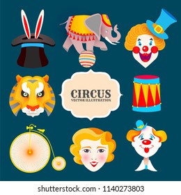 Vintage Circus Elements Set. Elephant, Magic Hat with Rabbit, Clowns, Drum, Bicycle, Tiger Head and Blonde Girl Face. Vector illustration