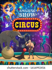 Vintage circus entertainment show, animal tamer and acrobats performance poster. Vector big top circus arena stage, elephant balancing on ball, seal juggling balloon and equilibrist on unicycle